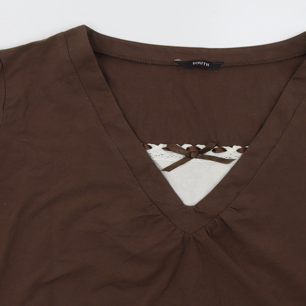 Close-up detail of South women’s brown cotton pullover sweatshirt, size UK 18, pullover