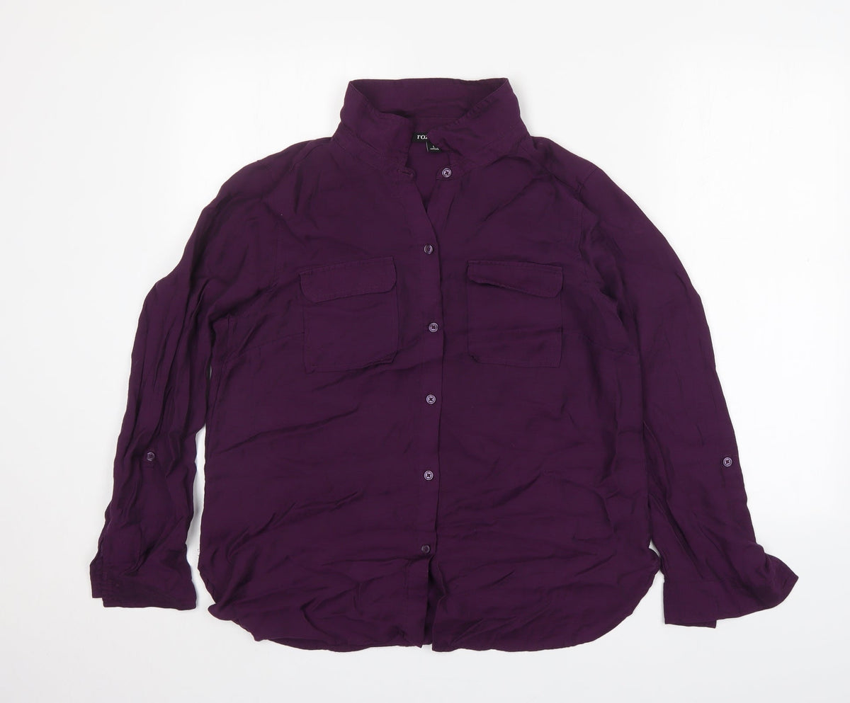 Additional front view of Roz & Ali women’s purple nylon basic button-up, size L, collared