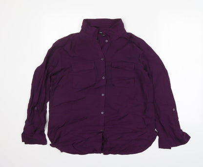 Additional front view of Roz & Ali women’s purple nylon basic button-up, size L, collared