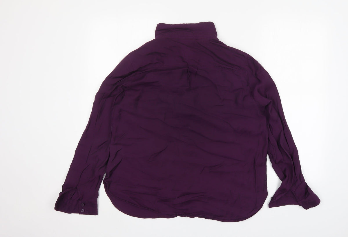 Back view of Roz & Ali women’s purple nylon basic button-up, size L, collared