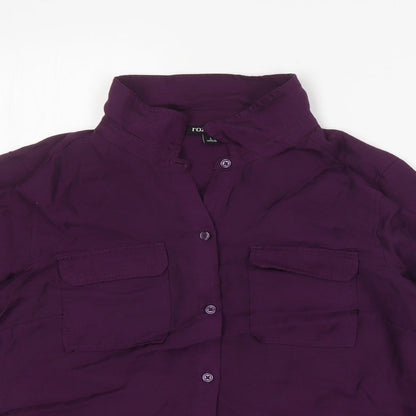 Close-up detail of Roz & Ali women’s purple nylon basic button-up, size L, collared