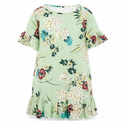 Front view of women’s multicoloured floral polyester a-line, size XL, round neck