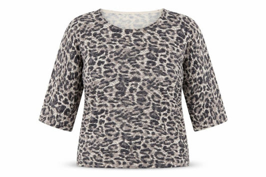 Front view of Bonmarché women’s brown round neck animal print viscose jumper, size L