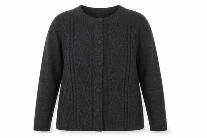 Front view of Bonmarché women’s grey round neck acrylic cardigan jumper, size L