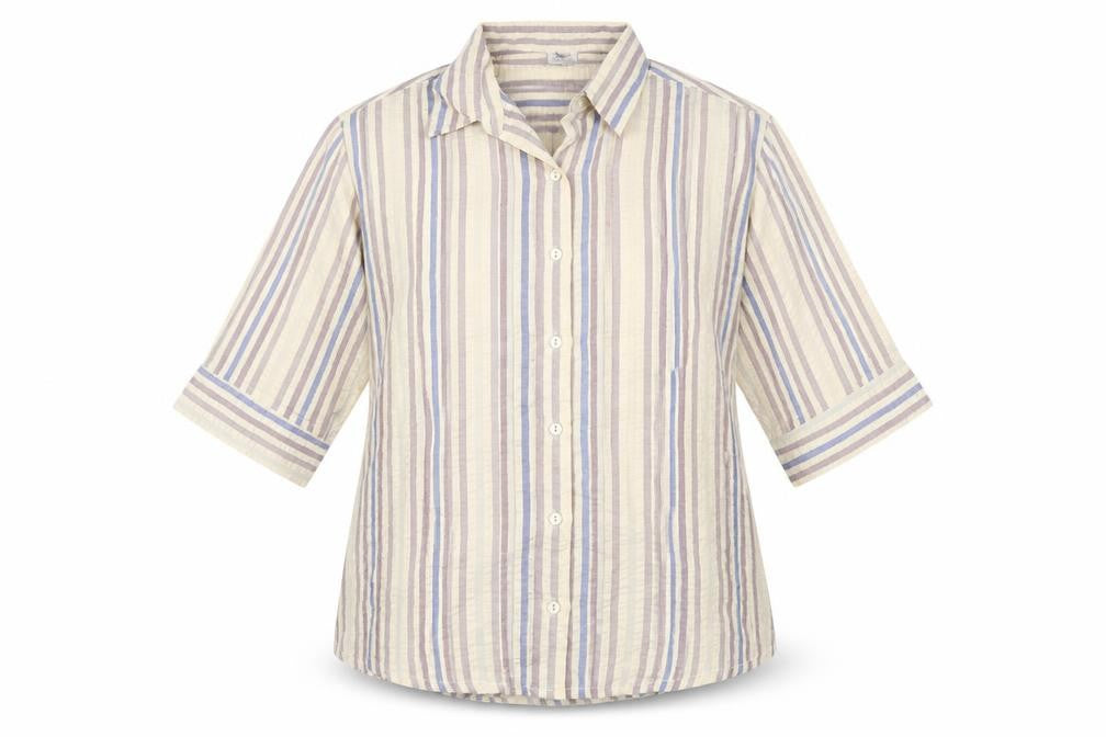 Front view of Grenoville women’s multicoloured striped polyester basic button-up, size L, collared