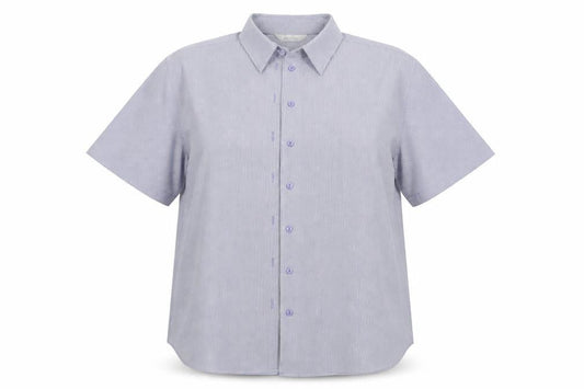 Front view of Joie de Vivre women’s blue polyester basic button-up, size UK 18, collared