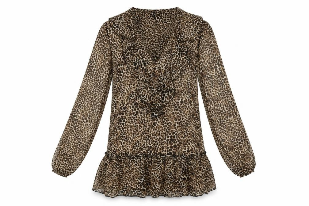 Front view of Missg women’s beige animal print polyester shift, size UK 10, v-neck