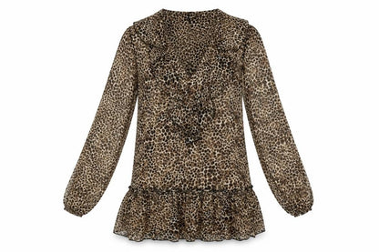 Front view of Missg women’s beige animal print polyester shift, size UK 10, v-neck