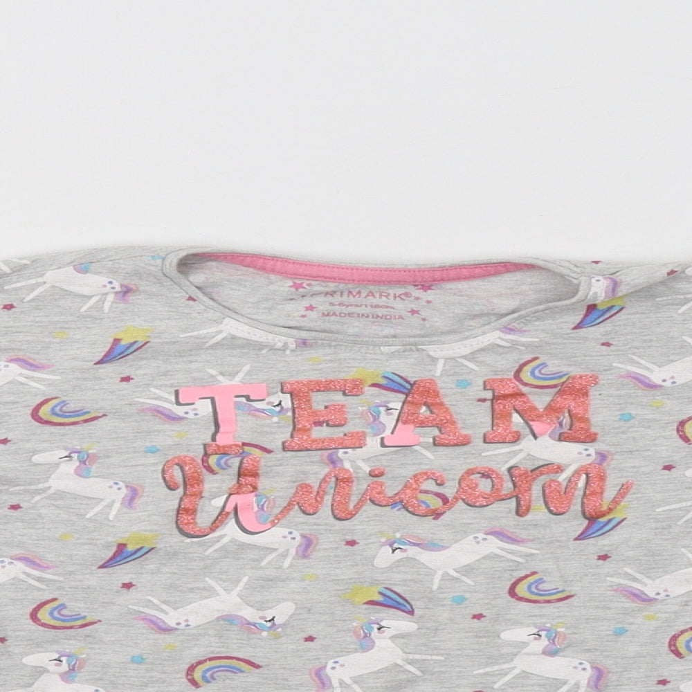 Primark Girls Grey Geometric Cotton Top Pyjama Top Size 5-6 Years   - Unicorn Print