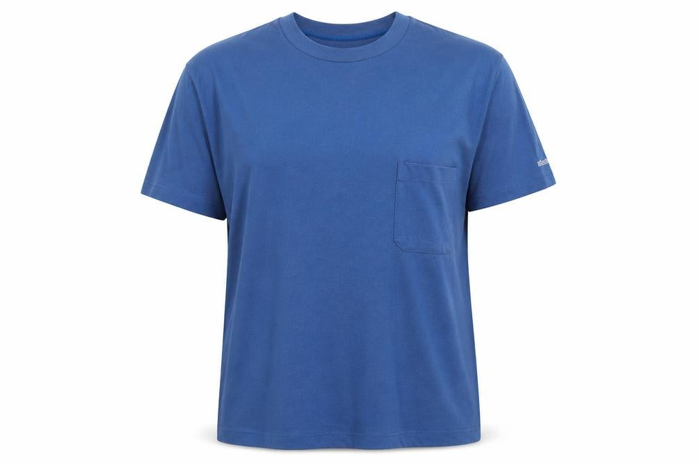 Front view of Abanderado women’s blue polyester basic t-shirt, size L, crew neck