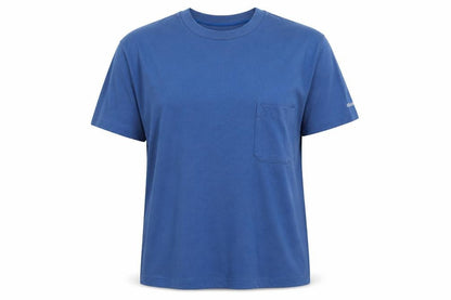 Front view of Abanderado women’s blue polyester basic t-shirt, size L, crew neck