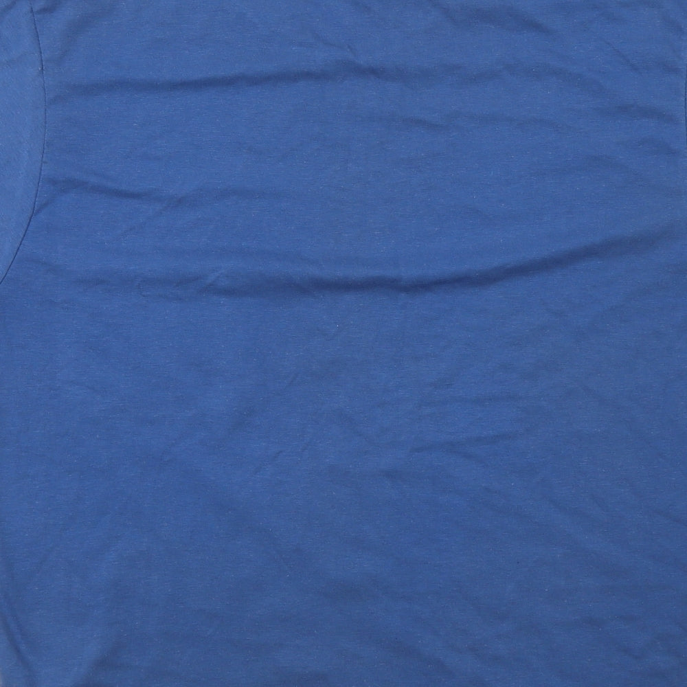 Brand and care label for Abanderado women’s blue polyester basic t-shirt, size L, crew neck