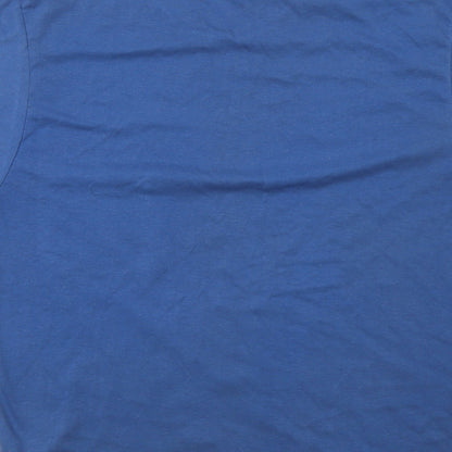 Brand and care label for Abanderado women’s blue polyester basic t-shirt, size L, crew neck