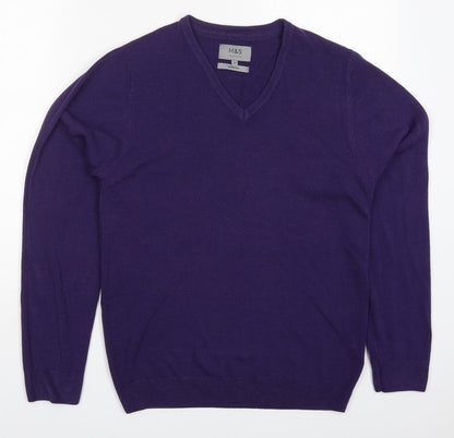Marks and Spencer Mens Purple V-Neck  Acrylic Pullover Jumper Size S
