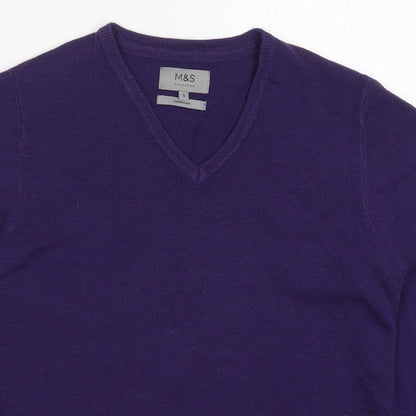 Marks and Spencer Mens Purple V-Neck  Acrylic Pullover Jumper Size S