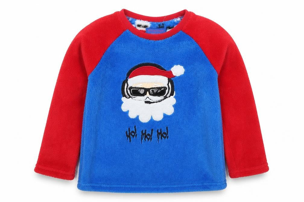 Front view of Primark boys’ blue solid polyester pyjama top, size 4-5, years pullover - red ho ho ho santa