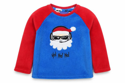 Front view of Primark boys’ blue solid polyester pyjama top, size 4-5, years pullover - red ho ho ho santa