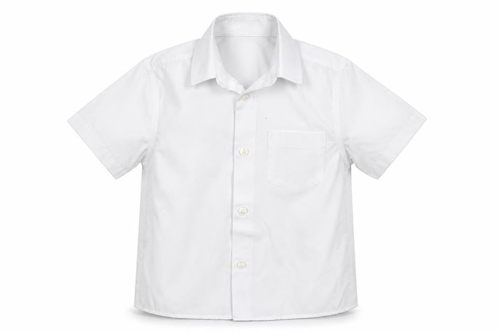 Front view of Tu boys’ white polyester basic button-up, size 5, years collared button