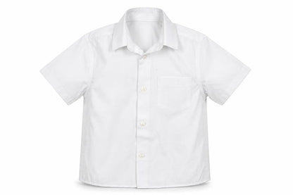 Front view of Tu boys’ white polyester basic button-up, size 5, years collared button