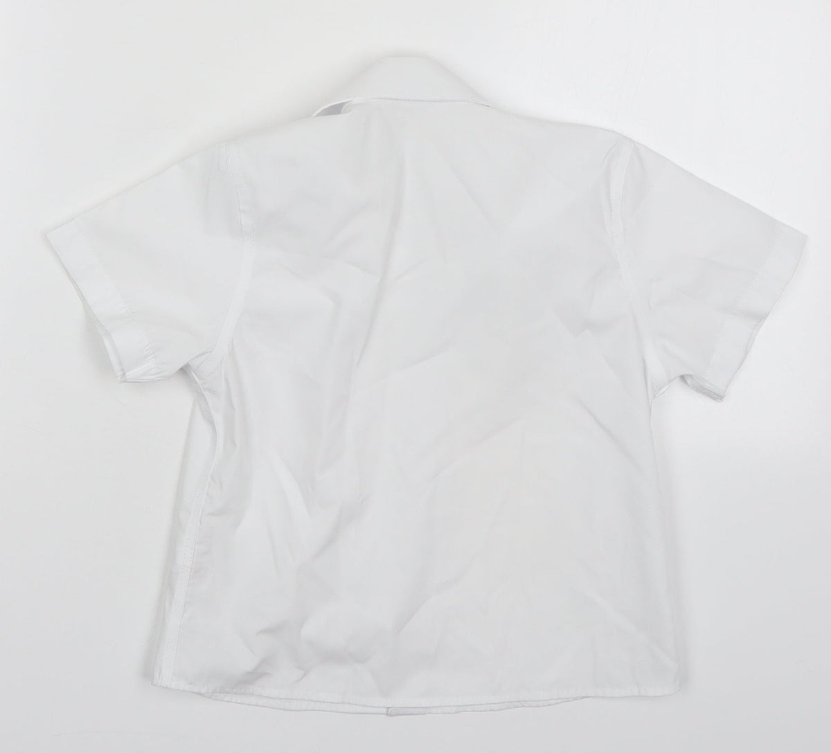 Back view of Tu boys’ white polyester basic button-up, size 5, years collared button