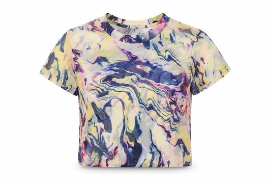 Front view of Light Before Dark women’s multicoloured polyester basic t-shirt, size M, crew neck - abstract