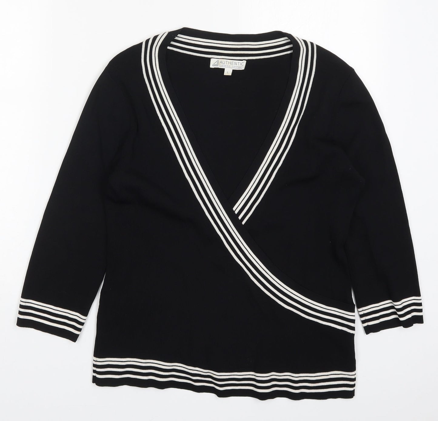 Authentic Clothing Company Womens Black V-Neck Striped Viscose Pullover Jumper Size L