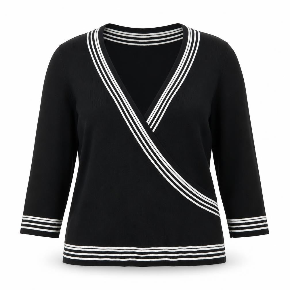 Front view of Authentic women’s black v-neck striped viscose jumper, size L