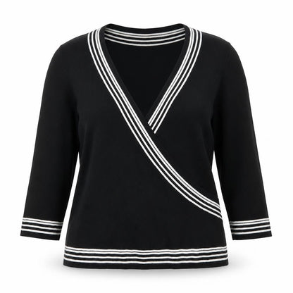 Front view of Authentic women’s black v-neck striped viscose jumper, size L