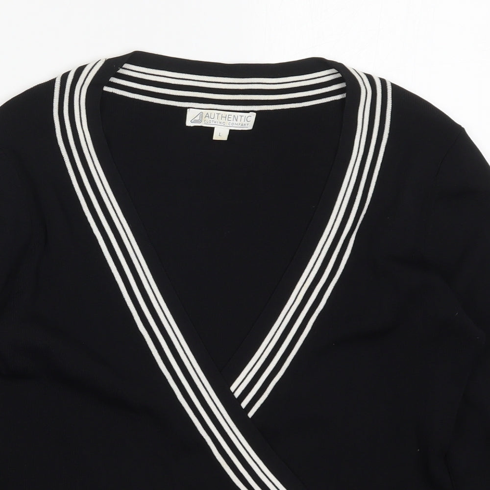 Authentic Clothing Company Womens Black V-Neck Striped Viscose Pullover Jumper Size L