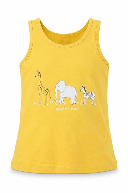 Front view of Primark girls’ yellow cotton basic tank, size 2-3, years crew neck - zoo animals