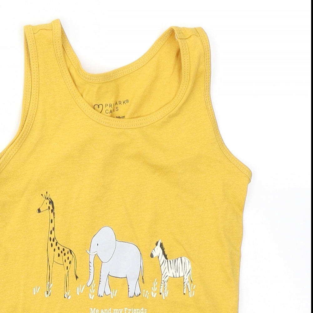 Primark Girls Yellow  Cotton Basic Tank Size 2-3 Years Crew Neck  - Zoo Animals