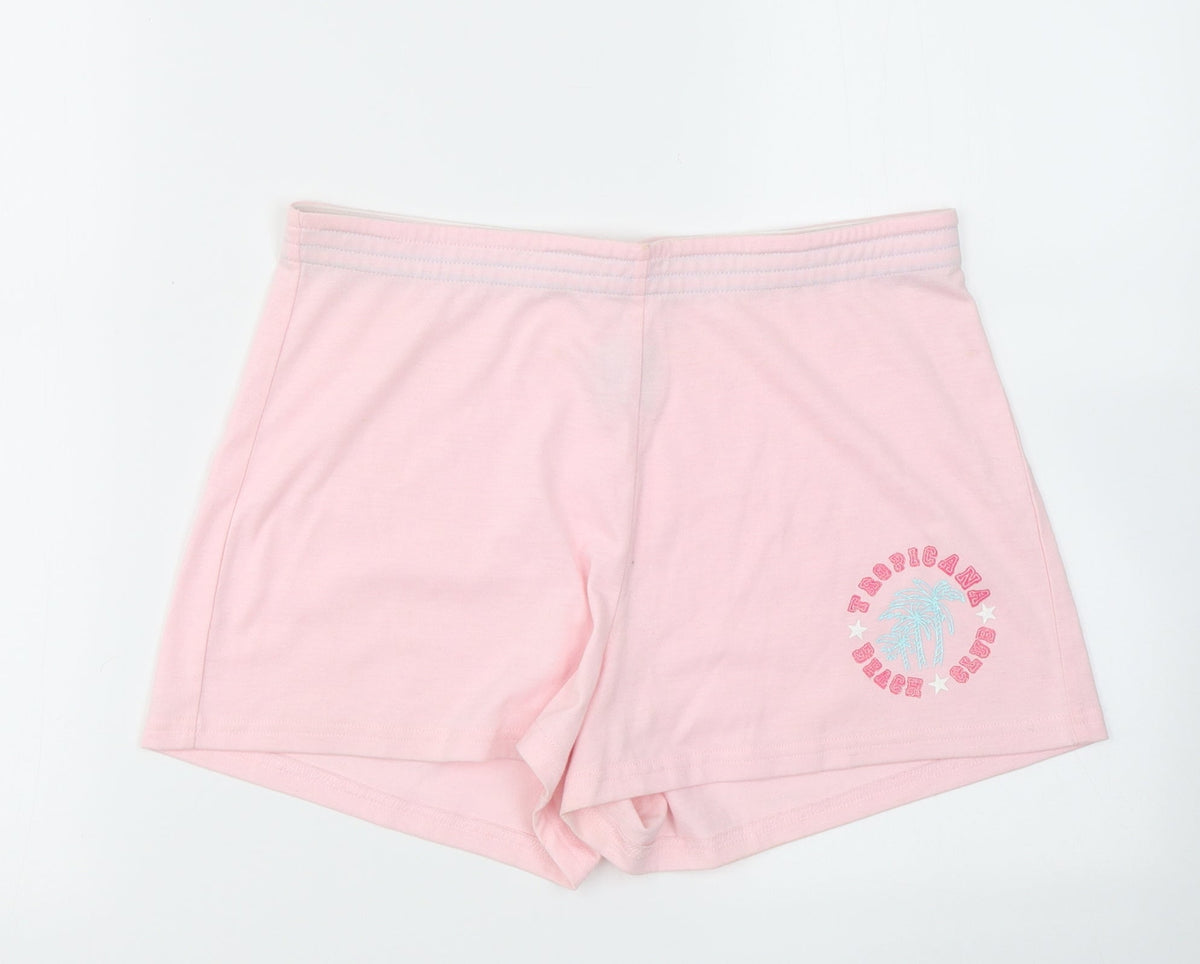 Additional front view of Xe women’s pink polyester sweat shorts, size S, regular