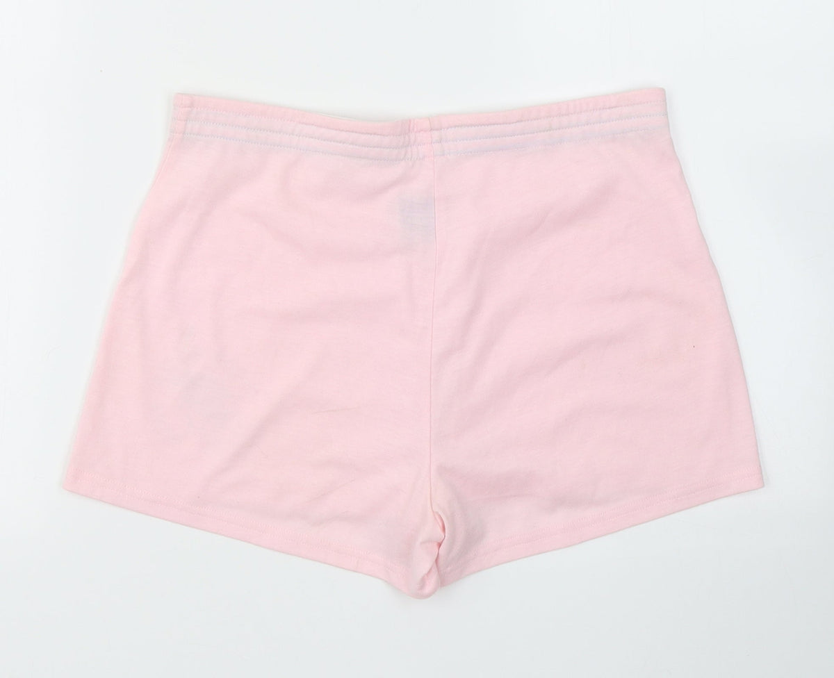 Back view of Xe women’s pink polyester sweat shorts, size S, regular