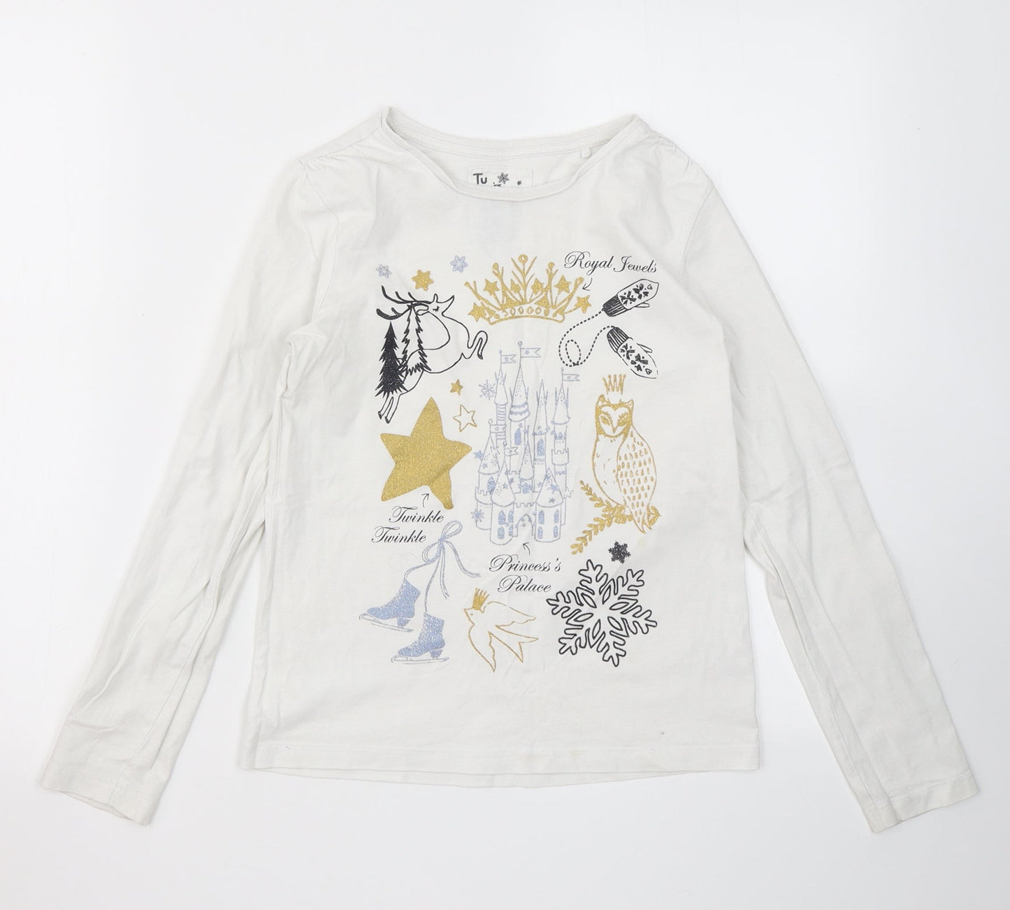 TU Girls White  Cotton Basic T-Shirt Size 11 Years Crew Neck  - Ice Princess