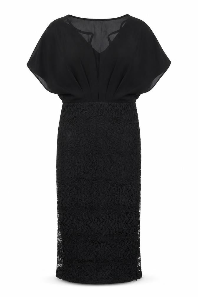 Front view of Girl In Mind women’s black polyester pencil dress, size UK 10, crew neck zip