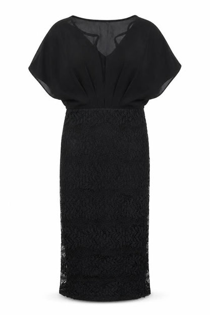 Front view of Girl In Mind women’s black polyester pencil dress, size UK 10, crew neck zip