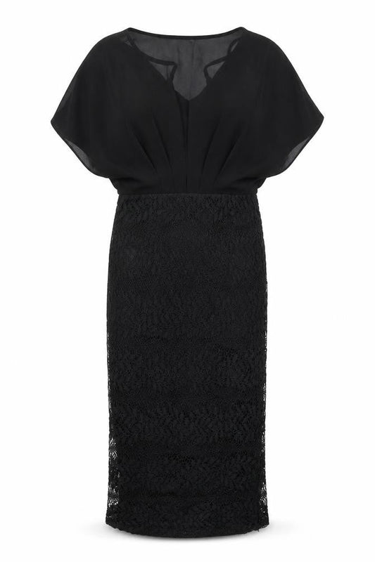 Front view of Girl In Mind women’s black polyester pencil dress, size UK 10, crew neck zip