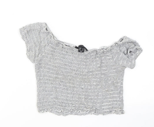 Atmosphere Womens Grey Striped Viscose Cropped T-Shirt Size 14 Off the Shoulder