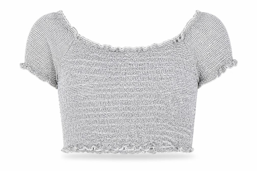 Front view of Atmosphere women’s grey striped viscose cropped t-shirt, size UK 14, off the shoulder