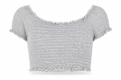 Front view of Atmosphere women’s grey striped viscose cropped t-shirt, size UK 14, off the shoulder