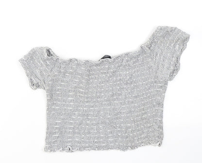 Atmosphere Womens Grey Striped Viscose Cropped T-Shirt Size 14 Off the Shoulder