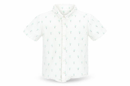 Front view of Matalan boys’ multicoloured geometric 100% cotton basic button-up, size 4-5, years collared - palm trees