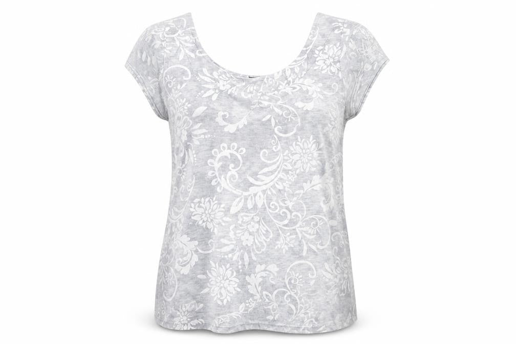 Front view of fii women’s grey floral viscose basic blouse, size M, roll neck
