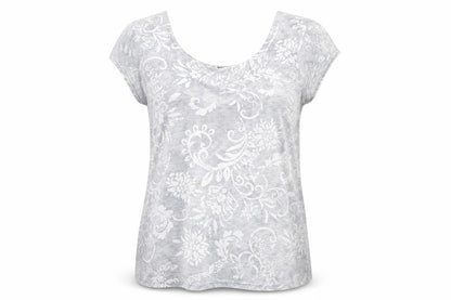 Front view of fii women’s grey floral viscose basic blouse, size M, roll neck