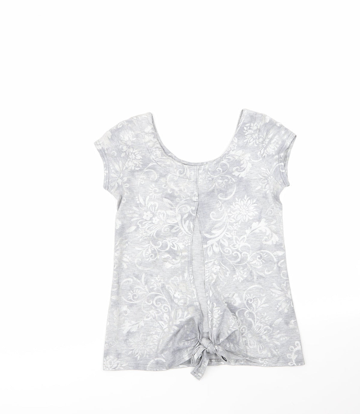 Back view of fii women’s grey floral viscose basic blouse, size M, roll neck