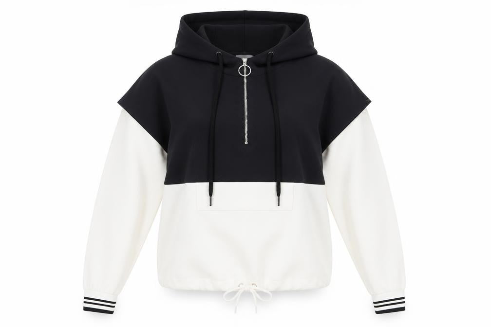 Front view of Primark women’s white striped polyester full zip hoodie, size UK 4