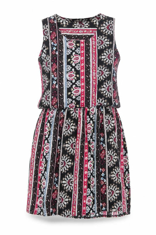 Front view of jcl women’s multicoloured geometric viscose fit & flare, size S, round neck