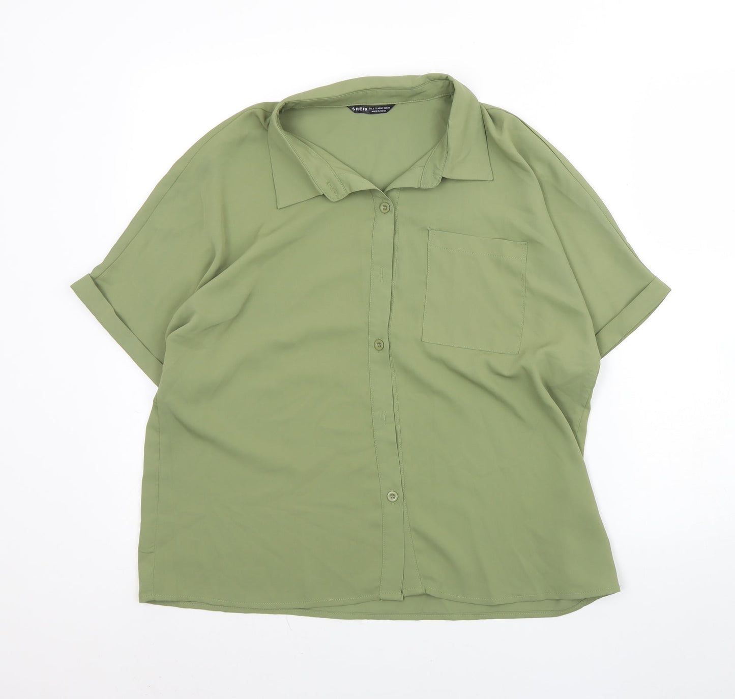 SheIn Womens Green  Polyester Basic Button-Up Size L Collared