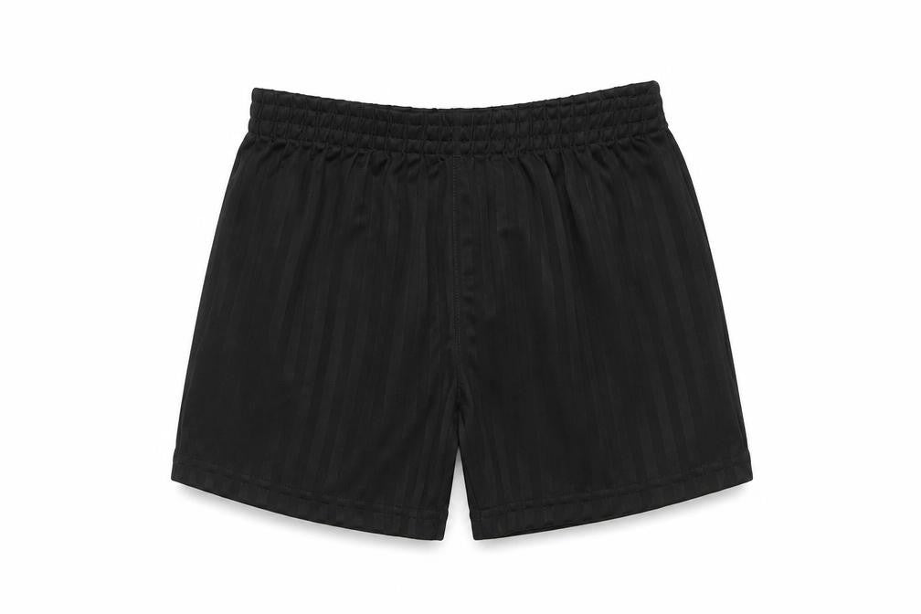 Front view of George boys’ black striped polyester sweat shorts, size 7, years regular