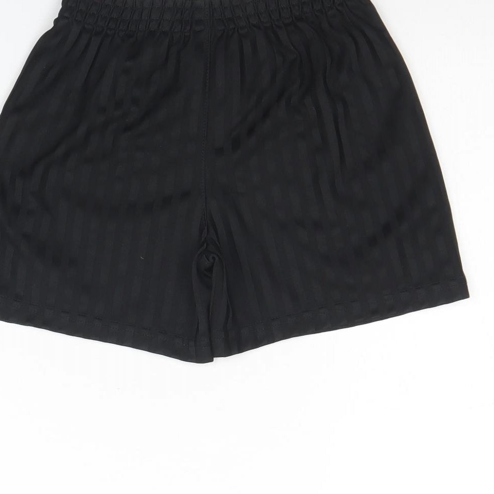 Brand and care label for George boys’ black striped polyester sweat shorts, size 7, years regular